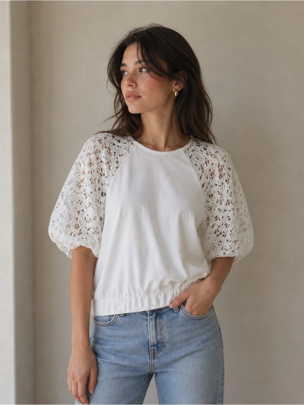 Anthropologie Dolan White Lace Puff Sleeve Elastic Waist Top S - Picture 1 of 6